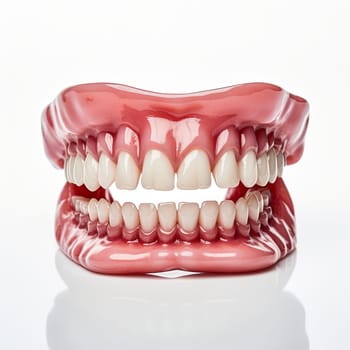 A full set of dentures on a white background. The dentures are made of acrylic and have a pink base with white teeth. The teeth are slightly stained and have some wear and tear.