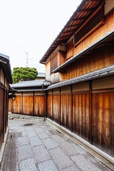 Beautiful traditional streetscape at dusk in Higashiyama district in Kyoto, Japan