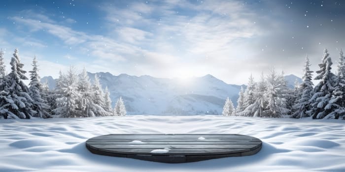Empty wooden platform in a magical snowy winter wonderland with snow covered fir trees and a majestic mountain backdrop. Perfect for product placement.
