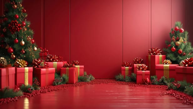 Red Christmas background with presents, Christmas trees, and copy space for text or product placement. Festive holiday theme.