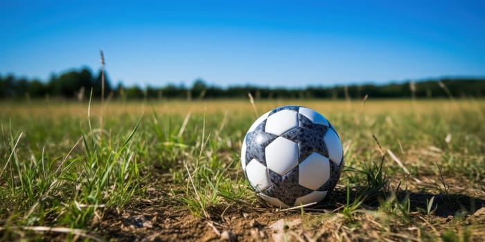 A classic black and white soccer ball sits idle in a field of tall grass, bathed in the warm glow of a sunny day. Perfect for sports, recreation, and outdoor activity themes.