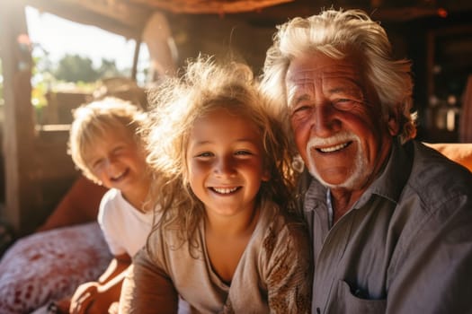 Happy grandfather with his two young granddaughters smiling at the camera. Family portrait of three generations spending time together at home. 