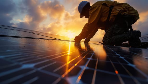 Silhouette of engineer installing solar panels on rooftop at sunset. Concept of renewable energy, sustainability, and environmental conservation.