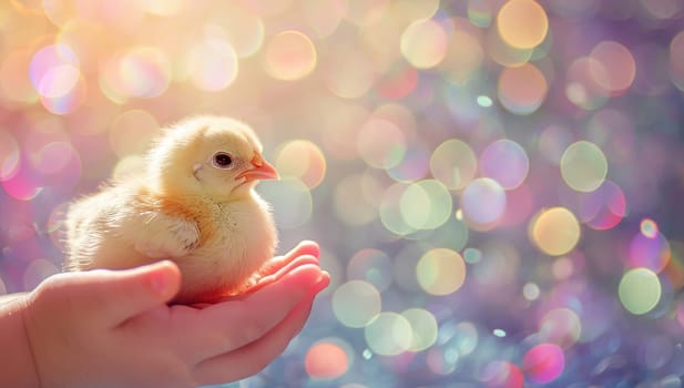Adorable baby chick held gently in child's hands with colorful, sparkling bokeh background. Concept of spring, Easter, new life, and childhood innocence.