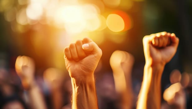 Crowd of people with raised fists demonstrating for their rights. Concepts. protest, revolution, freedom, power.