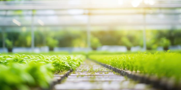 Rows of fresh green seedlings growing in a greenhouse, agriculture and sustainable food production concept.