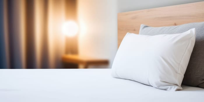 White Pillows and Bed in a Hotel Room. Comfortable pillows on a bed with a warm blurred background, concept for travel, vacation, relaxation.