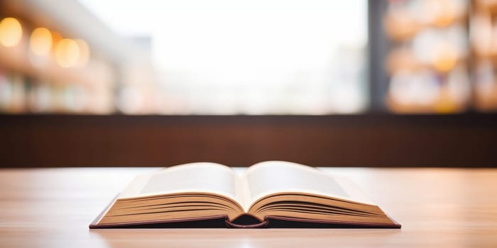 Open book on a wooden table in a library with blurred bookshelves and window in the background. Concept for education, knowledge, and learning.