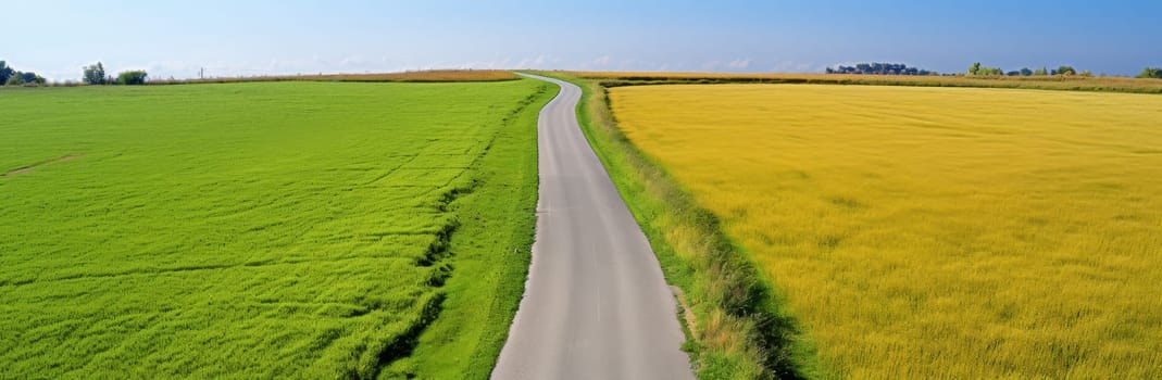 Asphalt road between vibrant green and yellow fields. Aerial view of a straight road dividing agricultural land with a blue sky. Concept of travel, journey, destination, agriculture, and countryside.