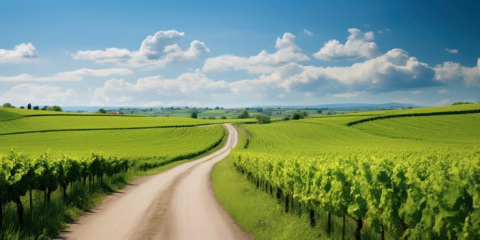 Scenic view of a peaceful country road winding through lush green vineyards under a bright blue sky with fluffy white clouds, evoking a sense of tranquility and rural charm.