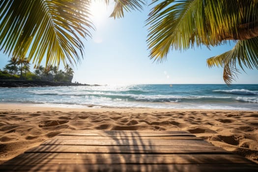 Scenic view of a tropical beach with palm trees, blue sky, turquoise ocean, white sand, and a wooden deck. Ideal for travel and vacation concepts.