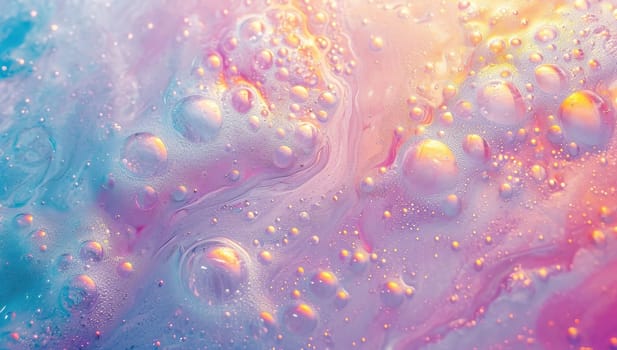 Dreamy and ethereal abstract background with a colorful pastel palette, featuring swirling patterns and shimmering bubbles. 
