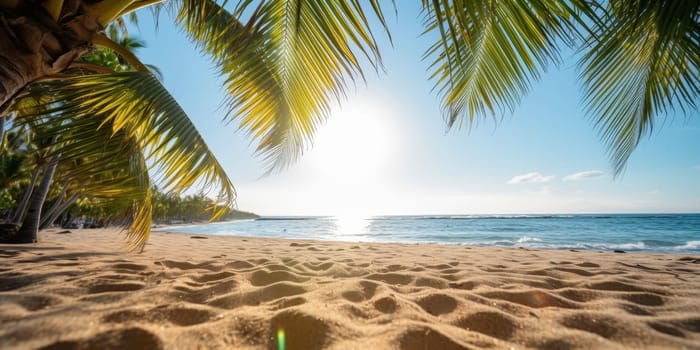 Idyllic tropical beach with white sand, swaying palm trees, crystal clear turquoise water, and bright sunshine. Perfect vacation destination.