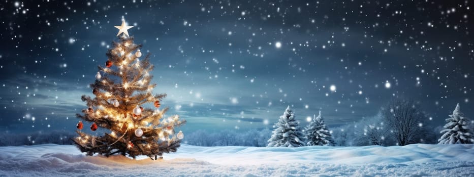 Beautiful Christmas tree with ornaments and lights in a snowy landscape with snow falling. Christmas background.