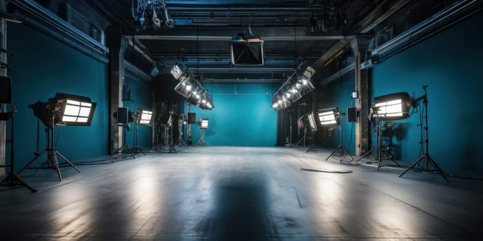 Professional television studio set up for production, featuring a blue screen backdrop, professional lighting equipment, and a spacious floor for filming or broadcasting.