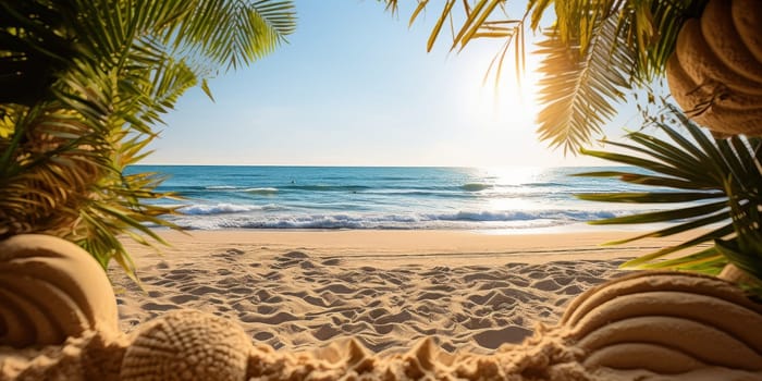 Idyllic tropical beach scene with palm trees, white sand, turquoise ocean, and intricate sand sculptures. Perfect for travel and vacation themes.
