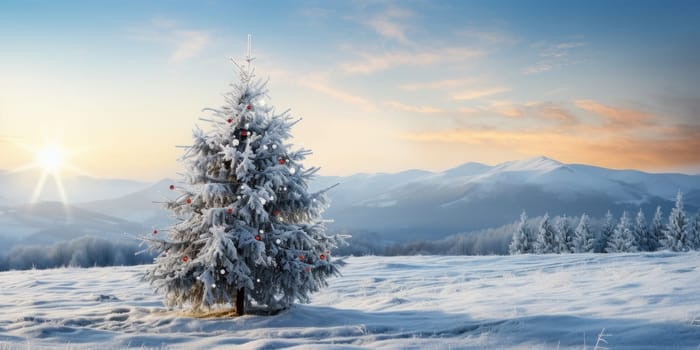 A solitary snow covered pine tree stands tall against a backdrop of majestic mountains and a breathtaking sunset in a serene winter wonderland. 