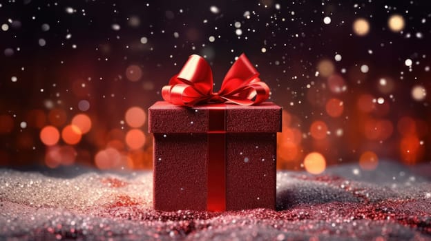 Red gift box with a ribbon on red snow with falling snow and bokeh lights in the background. Christmas, winter, holiday, or birthday concept.