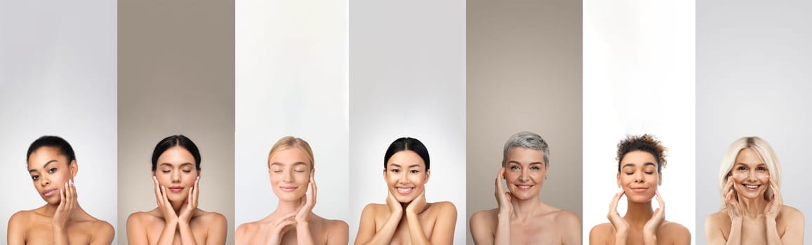 Seven diverse women are standing against a white backdrop, each smiling and touching their faces gently. The multiethnic women of different ages, showcasing a wide variety of beauty.
