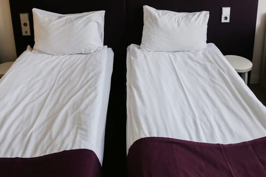 Fragment of the interior of a hotel with two beds in a room. Two beds covered with a white sheet, a white pillow, and a red blanket.