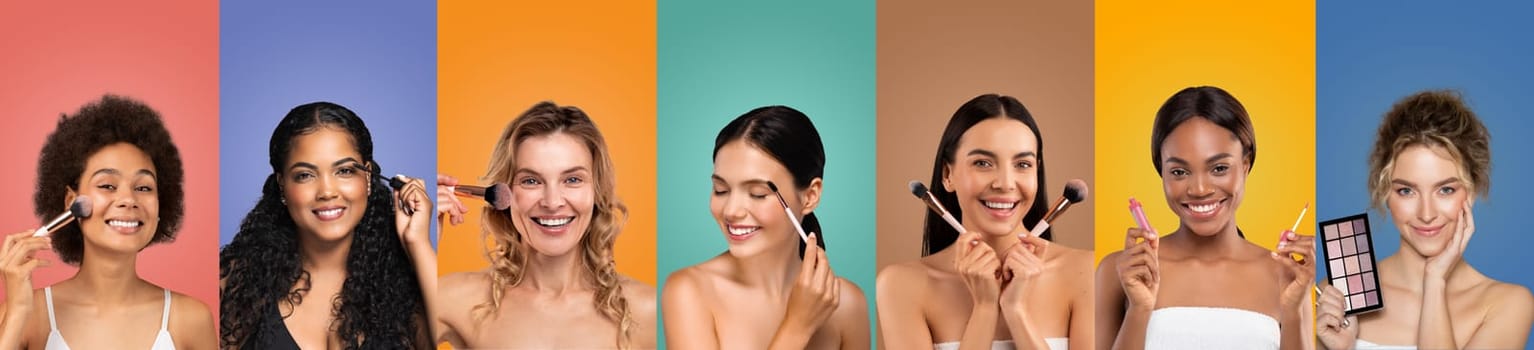 Seven smiling women with various skin tones are applying makeup against a colorful background. Each woman is holding a makeup brush and some are also holding palettes.