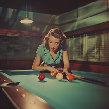A woman is playing pool in a bar. She is wearing a white shirt and a blonde wig