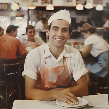 A man in a white hat and apron is smiling at the camera. He is sitting at a table with a plate of food in front of him. The scene takes place in a restaurant