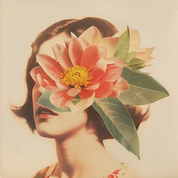 A woman's face is covered by a flower. The image has a vintage feel to it, and the flower is the main focus of the picture. The woman's face is obscured by the flower, which creates a sense of mystery