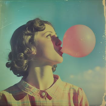 Retro vintage photo of girl blowing bubble gum