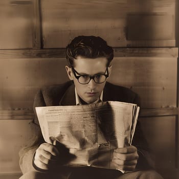 A man in a suit is reading a newspaper. Concept of formality and seriousness, as the man is dressed in a suit and tie while reading the newspaper. The setting appears to be indoors