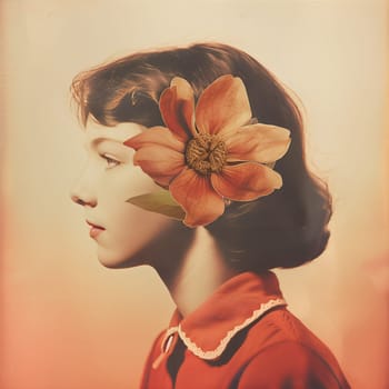 A woman's face is covered by a flower. The image has a vintage feel to it, and the flower is the main focus of the picture. The woman's face is obscured by the flower, which creates a sense of mystery
