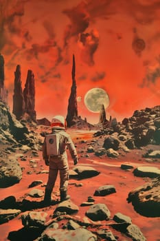A man in a spacesuit walks on the surface of the planet against the background of a red sky and a large moon. The action takes place in the distant future, and a man explores the planet