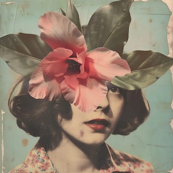 A woman's face is covered by a flower. The image has a vintage feel to it, and the flower is the main focus of the picture. The woman's face is obscured by the flower, which creates a sense of mystery
