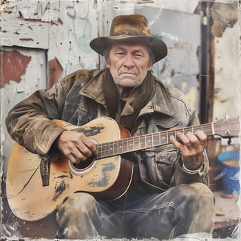 A man in a hat and a brown jacket is playing a guitar. The man is sitting on the ground and he is in a contemplative mood