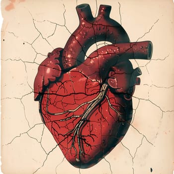 A heart with a broken stem and a broken vein. The heart is red and has a lot of cracks