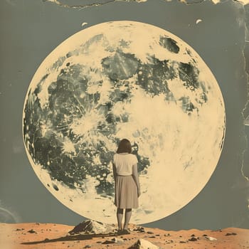 A person is walking in a desert with a large planet in the background. The image has a surreal and dreamlike quality to it, with the person appearing to be the only living being in the vast