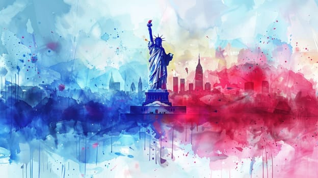 A painting of the Statue of Liberty on a red, white, and blue American flag.