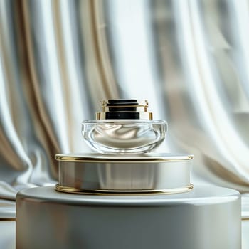 Face cream in a glass jar on a white and gold background. Skin care concept. Backdrop for beauty cosmetic products