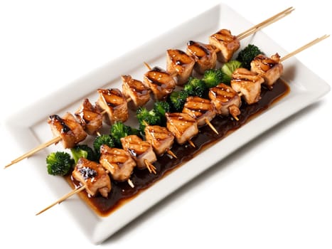 Yakitori Skewers Grilled skewers of tender chicken beef or seafood glazed with sweet and savory. Food isolated on transparent background.