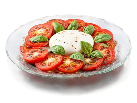 Gluten free Caprese salad with fresh tomatoes mozzarella and basil drizzled with balsamic served. Food isolated on transparent background.