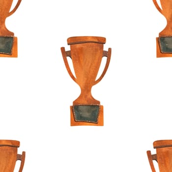 Competition winner prize: seamless pattern with sparkling cups and medals. Design of the award ceremony in watercolor