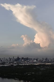 Bangkok, Thailand - 28 May 2024 - Aerial view of skyscrapers and dramatic sky before sunset. Beautiful clouds in the sky over large metropolitan city of bangkok, Space for text, Selective focus.