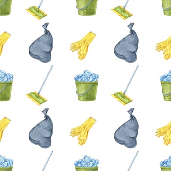 Garbage bags, mops, and gloves as seamless pattern in watercolor. Background ideal for wrapping paper, educational materials on cleanliness, and branding for cleaning services and products