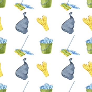 Seamless pattern with buckets, gloves, and spray bottles. Watercolor clipart for wrapping paper, cleaning product advertisements, and backgrounds for educational materials on home hygiene