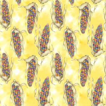 Indian heirloom corn seamless pattern, rainbow cobs on abstract splash watercolor backdrop. Maize fabric print for clothes, kitchen, wallpaper, wrapping, scrapbooking, food packaging, Thanksgiving