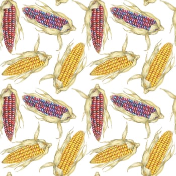 Indian heirloom and Yellow sweetcorn cobs seamless pattern, dry husks watercolor background. Maize fabric print for clothes, kitchen, wallpaper, wrapping, scrapbooking, food packaging, Thanksgiving