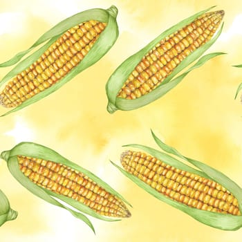 Yellow corn seamless pattern, textile, with golden cobs on abstract spill background. Watercolor sweetcorn print design for clothes, wallpaper, wrapping, scrapbooking, food packaging, Thanksgiving