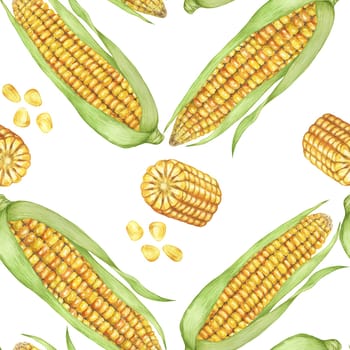 Yellow corn and seeds seamless pattern, autumnal textile, golden cobs background. Watercolor sweetcorn botanical print design for clothes, wallpaper, wrapping paper, scrapbooking, food packaging, Thanksgiving