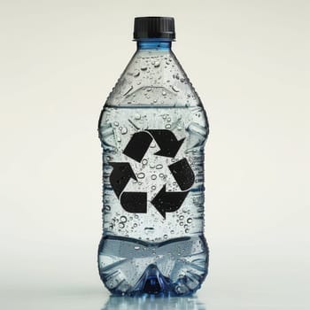 A bottle of water with a black and white recycling symbol on it. The bottle is half full of water and has a blue cap