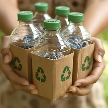 A person is holding four plastic bottles in a cardboard box with a green recycling symbol